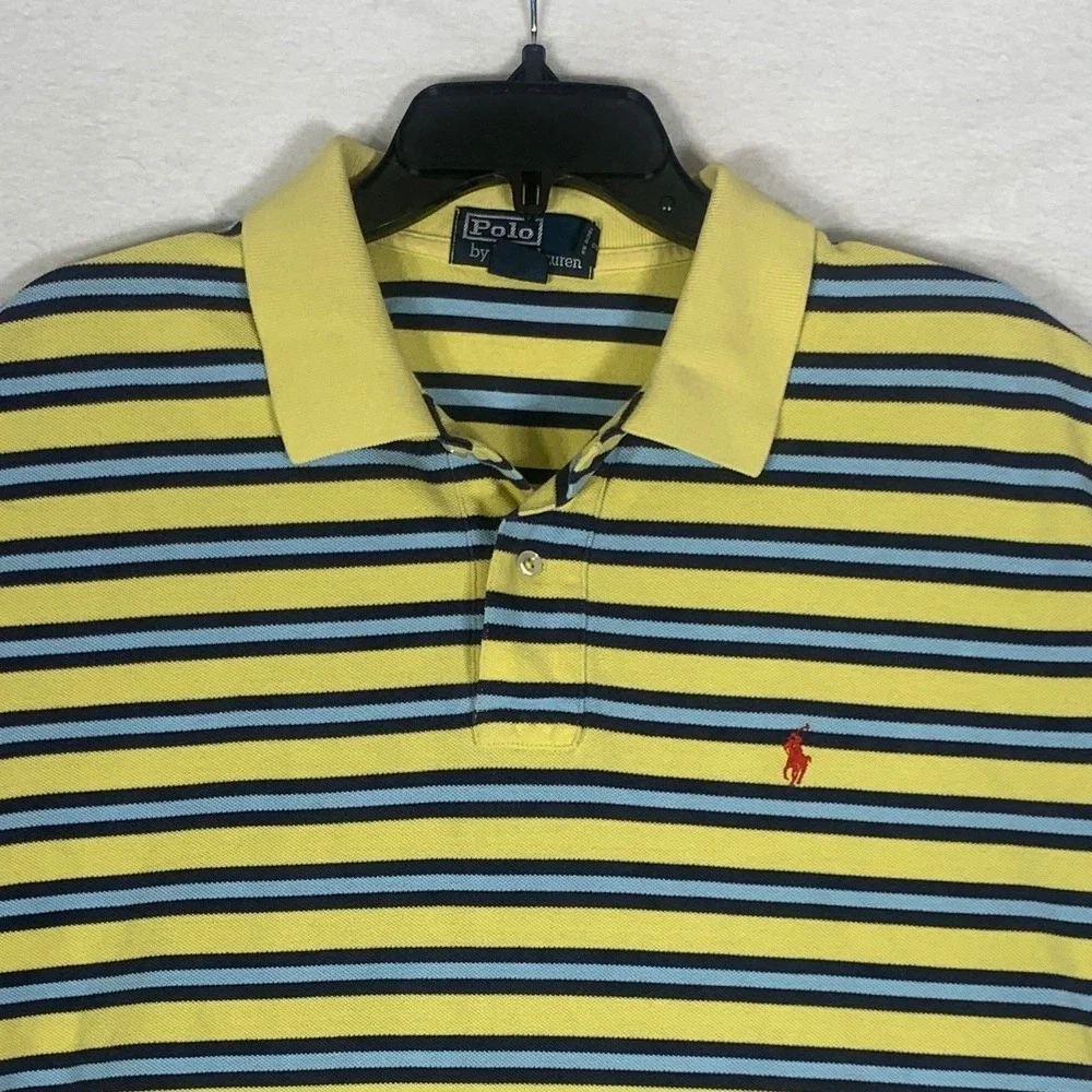 VTG Polo Ralph Lauren Men Yellow Blue Stripe Polo Shirt Large Logo Pony Made USA